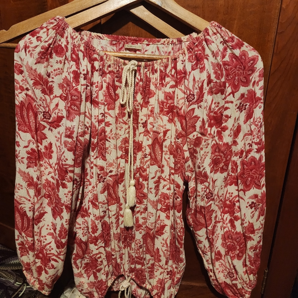 Ralph Lauren denim tassled drawstring peasant blouse  Cream  with Rose print